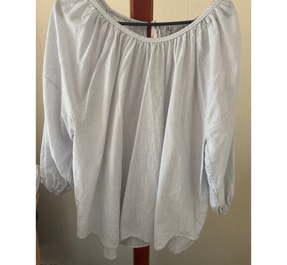 Everlane Tops - Everlane Gray Pinstripes Ruched Peasant Blouse Sz 16